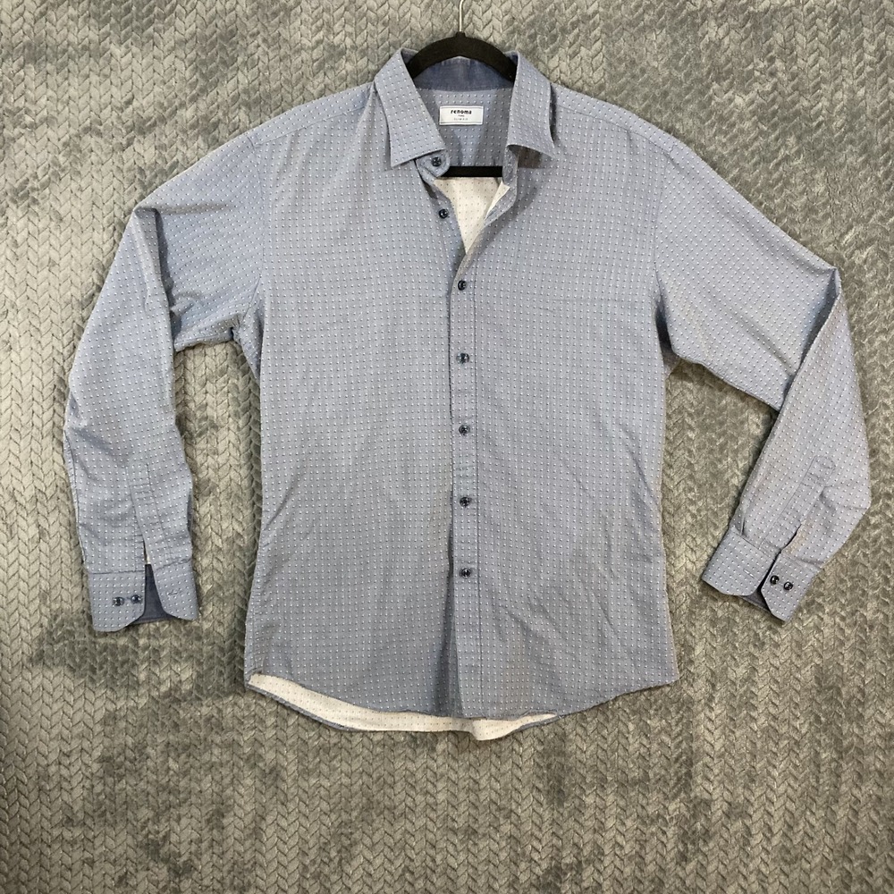 Renoma Paris Mens L Blu White Beaded Slim Fit Collard Button-Down Business